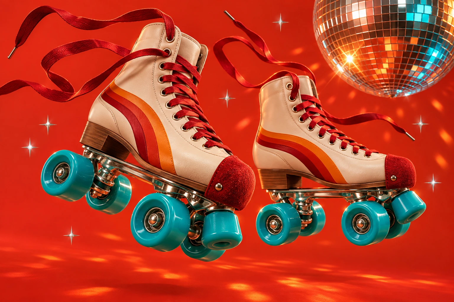 Retro roller skates with turquoise wheels and a sparkling disco ball